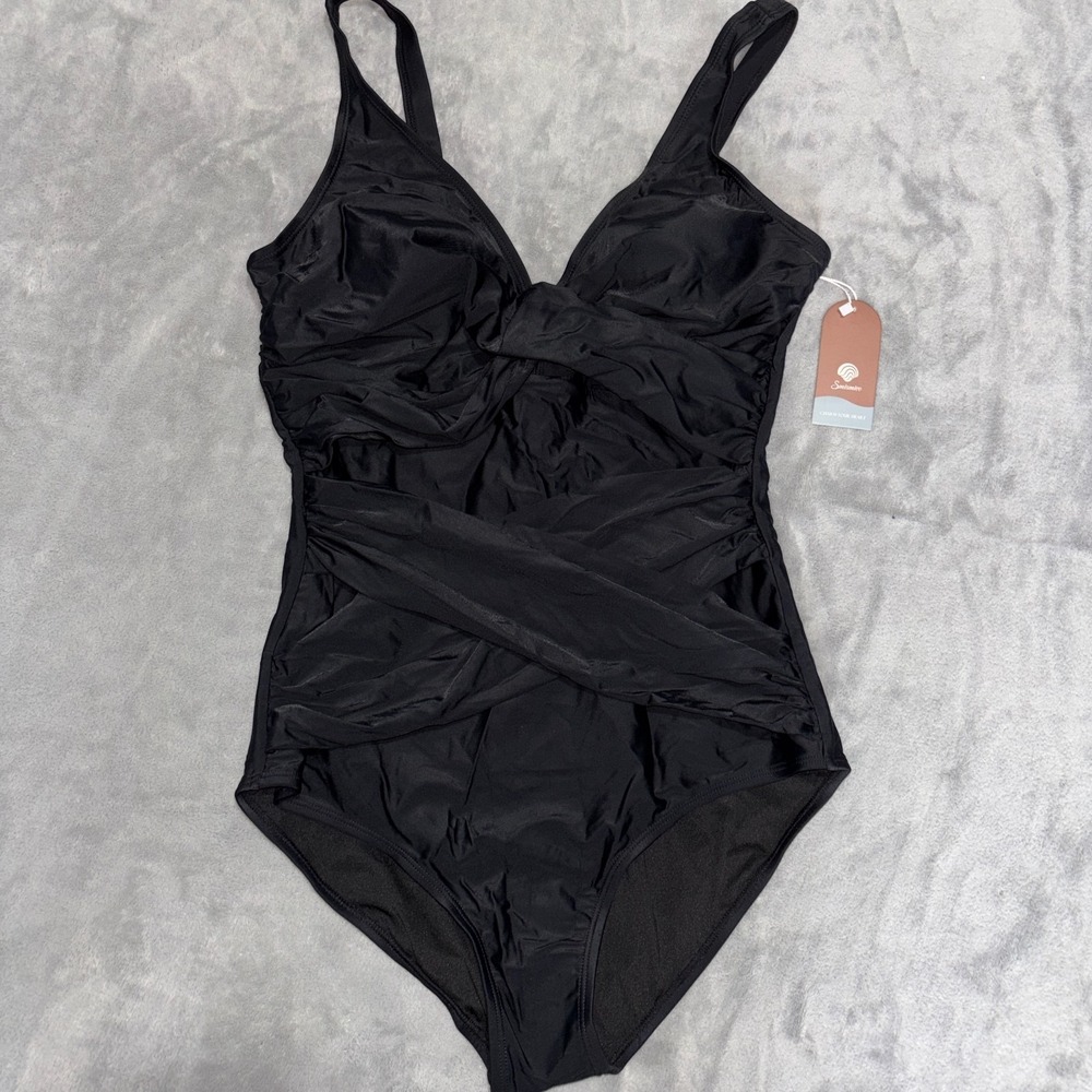 Smismivo One Piece Swimsuit Womens Large Black Padded Ruched Tummy Control